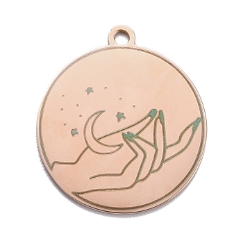 304 Stainless Steel Pendants, Flat Round with Moon & Hand, Rose Gold, 28x25x1.4mm, Hole: 2mm