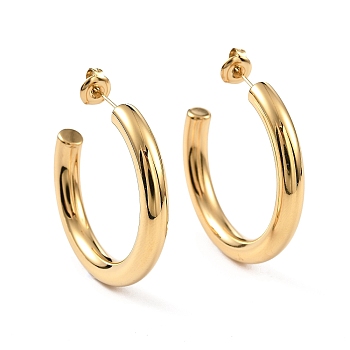 Ion Plating(IP) 304 Stainless Steel Stud Earrings for Women, C-Shaped, Real 14K Gold Plated, 35~36x5mm, Pin: 0.7mm