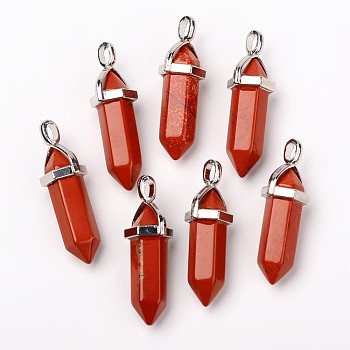 Natural Red Jasper Double Terminated Pointed Pendants, with Random Alloy Pendant Hexagon Bead Cap Bails, Bullet, Platinum, 36~45x12mm, Hole: 3x5mm, Gemstone: 10mm in diameter