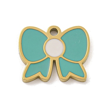 316 Surgical Stainless Steel Enamel Charms, Bowknot Charm, Golden, Light Sea Green, 11x14x1.5mm, Hole: 1.5mm