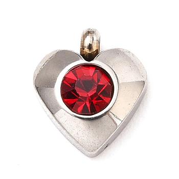 304 Stainless Steel Charms, with Acrylic Rhinestone, Faceted, Birthstone Charms, Heart, Stainless Steel Color, Light Siam, 8.2x7.2x3.2mm, Hole: 1mm