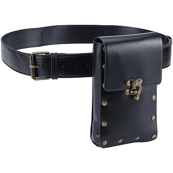 Woman's PU Leather Outdoors Cell phone Waist Bag, Belt Bags, with Alloy Clasp, Rectangle, Black, 129x3.8cm
