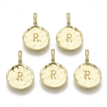 Alloy Pendants, Cadmium Free & Nickel Free & Lead Free, Flat Round with Letter, Real 18K Gold Plated, Letter.R, 17x11.5x1.5mm, Hole: 2.5mm