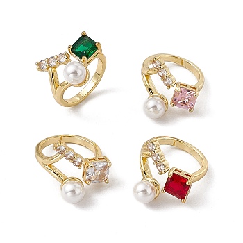 Rack Plating Brass Cubic Zirconia Cuff Rings for Women, Square Long-Lasting Plated Open Ring, with Plastic Imitation Pearl, Lead Free & Cadmium Free, Real 18K Gold Plated, Mixed Color, 2.7~18.5mm, Inner Diameter: US Size 6 1/4(16.8mm), Square: 7x7.5mm, Rectangle: 10.5x3.5mm, Plastic Pearl: 7mm