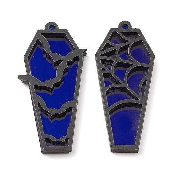Opaque Acrylic Pendants, Coffin with Bat and Spider Web, for Halloween, Blue, 47.5x20x3.5mm, Hole: 1.6mm, 2pcs/set