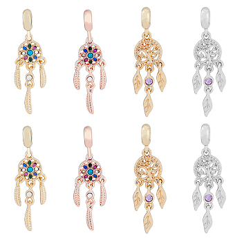 8Pcs 4 Styles Alloy European Dangle Charms, with Rhinestone, Large Hole Pendants, Woven Net/Web with Feather, Mixed Color, 44~45mm, Hole: 4~5mm, 2pcs/style