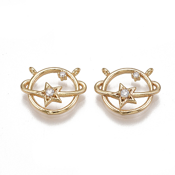 Brass Universe Space Charms, Nickel Free, Real 18K Gold Plated, with Cubic Zirconia, Planet, Clear, 11x14x4mm, Hole: 1mm