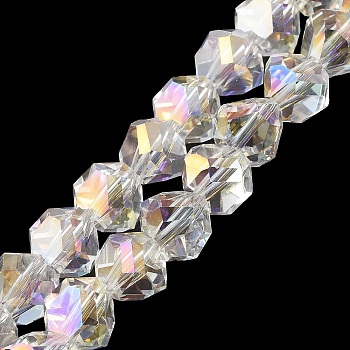 Transparent Electroplate Glass Beads Strands, Faceted, Triangle, Clear AB, 8~9x8.5~9x8.5~9mm, Hole: 1.5mm, about 50pcs/strand, 16.69''(42.4cm)