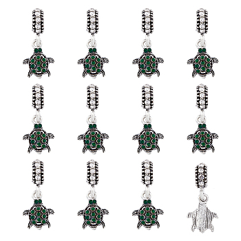 12Pcs Alloy European Dangle Charms, with Crystal & Emerald Rhinestones, Large Hole Pendant, Tortoise, Antique Silver, 2.4cm, Tortoise: 14x11x3.5mm, Hole: 4.8mm