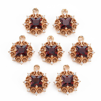 Rack Plating Brass Micro Pave Clear Cubic Zirconia Pendants, with Faceted Glass, Long-Lasting Plated, Cadmium Free & Lead Free, Flat Round, Dark Red, 16.5x14x5mm, Hole: 1.2mm