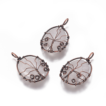 Natural Quartz Crystal Pendants, with Brass Findings, Oval with Tree, Red Copper, 43.5x26x9mm, Hole: 5.5x4mm
