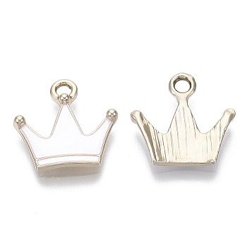 Alloy Pendants, with Enamel, Light Gold, Crown, White, 15x16x2.5mm, Hole: 2mm