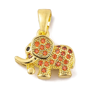 Rack Plating Brass Micro Pave Orange Cubic Zirconia Pendants, Long-Lasting Plated, Lead Free & Cadmium Free, Elephant, Real 18K Gold Plated, 14.5x17x7mm, Hole: 7x3.5mm