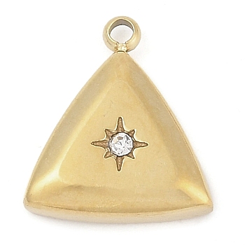 304 Stainless Steel Rhinestone Charms, Triangle Charm, Real 14K Gold Plated, 13.5x12x3mm, Hole: 1.5mm