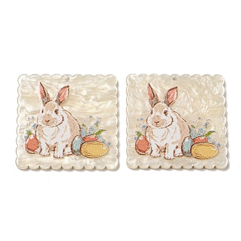 Opaque Acrylic Pendants, Square with Rabbit, Colorful, 34.5x34.5x2.5mm, Hole: 1.6mm