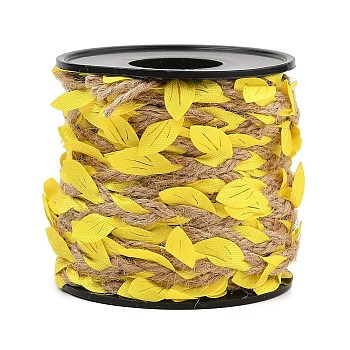 Braided Jute Cord, Polyester Cloth Leaf Trim Cord, with Spool, Yellow, 6~25mm, about 10.94 Yards(10m)/Roll