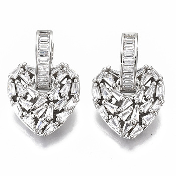 Brass Micro Pave Cubic Zirconia Dangle Huggie Hoop Earrings, Nickel Free, Heart, Clear, Real Platinum Plated, 28mm, Pin: 1x1mm