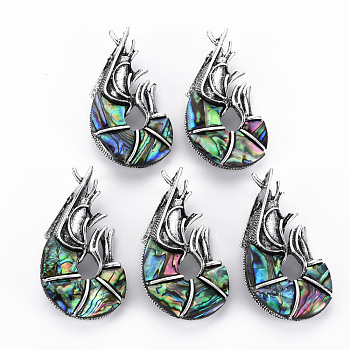 Labster Shape Natural Abalone Shell/Paua Shell Brooch Pin, Alloy with Rhinestone Lapel Pin for Girl Women, Lead Free & Cadmium Free, Antique Silver, Colorful, 52~53x28~31x11~12mm, Hole: 7x4mm, Pin: 0.7mm