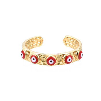 Real 18K Gold Plated Brass Open Cuff Ring with Enamel Evil Eye for Women, Nickel Free, Red, US Size 8(18.1mm)