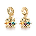 Brass Micro Pave Clear Cubic Zirconia and Enamel European Dangle Charms, Boy Girl Heart Large Hole Pendants, Real 18K Gold Plated, Colorful, 25mm, Hole: 4.8mm(KK-T079-70G)