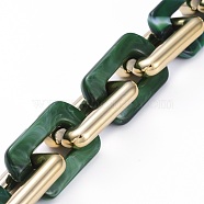 Handmade CCB Plastic Boston Link Chains, with  Imitation Gemstone Style Acrylic Links, for Jewelry Making, Golden Plated, Dark Green, Link: 29.8~30.2x20x5.2~5.5mm, 39.37 inch(1m)/strand(AJEW-JB00683-01)