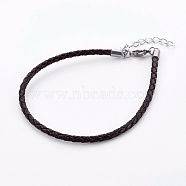 Braided Leather Cord Bracelet Making, with 304 Stainless Steel Lobster Claw Clasps and Extension Chain, Stainless Steel Color, Coconut Brown, 8-1/2 inch(21.5cm), 3mm(X-MAK-L018-05E)