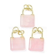 Natural Rose Quartz Pendants, with Golden Brass Findings and Jump Rings, Cadmium Free & Lead Free, Lock, 27x18x5.5mm, Hole: 6mm(X-G-P453-01G-F-RS)