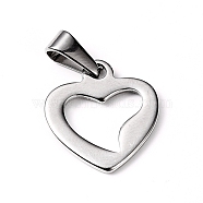 304 Stainless Steel Open Heart Charms, Hollow, Stainless Steel Color, 18.5x16.5x1.5mm, Hole: 8x3mm(STAS-L210-29P)