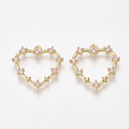 Brass Cubic Zirconia Pendants, Nickel Free, Real 18K Gold Plated, Heart, Pink, 18~19x18~19x2.5mm, Hole: 1mm(KK-T038-506B)