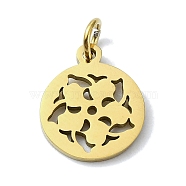 304 Stainless Steel Charms, with Jump Ring, Laser Cut, Flat Round with Flower Charms, Golden, 14x12x1mm, Hole: 3mm(STAS-C097-46G-01)
