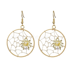 Copper Wire Wrapped Spider Web & Spider Dangle Earrings, 304 Stainless Steel Earrings for Women, Golden, 56x35mm(EJEW-JE05827)