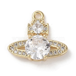 Brass Micro Pave Clear Cubic Zirconia Charms, Planet, Real 18K Gold Plated, 14x15.5x4mm, Hole: 1.5mm(KK-G491-17G)