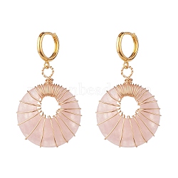 Donut Natural Rose Quartz Dangle Hoop Earrings, Wire Wrap Stone Drop Earrings for Women, Golden, 50mm, Pin: 0.9mm, Pendants: 35.5x28x7.5mm(EJEW-JE04749)