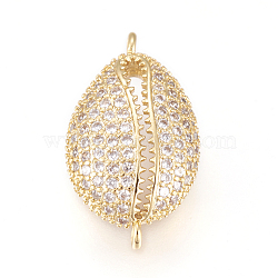 Brass Micro Pave Cubic Zirconia Links, Long-Lasting Plated, Lead Free & Cadmium Free & Nickel Free, Cowrie Shell, Clear, Real 18K Gold Plated, 21x12x6.5mm, Hole: 1.2mm(ZIRC-L078-035G-NR)