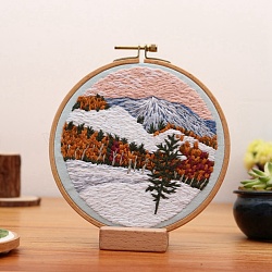 DIY Scenery Embroidery Kit, Including Imitation Bamboo Frame, Iron Pins, Cloth, Colorful Threads, Mountain Pattern, 213x201x9.5mm, Inner Diameter: 183mm(DIY-O021-11B)