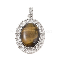 Natural Tiger Eye Pendants, with Platinum Tone Alloy Findings, Oval Charms, 41x28.5x7.5mm, Hole: 7.2x4mm(G-A226-03P-04)