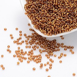 12/0 Glass Seed Beads, Silver Lined Round Hole, Round, Dark Goldenrod, 12/0, 2mm, Hole: 1mm, about 3333pcs/50g, 50g/bag, 18bags/2pounds(SEED-US0003-2mm-22C)