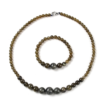 Natural Labradorite Round Beads Bracelets & Necklaces Sets, with 304 Stainless Steel Clasps, 18.70 inch(475mm)