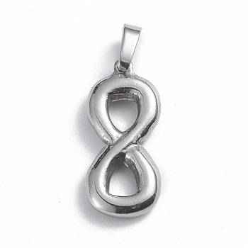 201 Stainless Steel Pendants, Infinity, Stainless Steel Color, 21.5x9.5x2.5mm, Hole: 3.5x4.5mm
