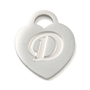 304 Stainless Steel Pendants, Laser Cut, Heart with Letter Charm, Stainless Steel Color, Letter D, 15x12x1mm, Hole: 3x3.5mm
