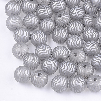 Electroplate Glass Beads, Frosted, Round with Wave Pattern, Silver, 8~8.5mm, Hole: 1.5mm