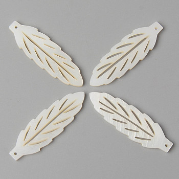 Natural Freshwater Shell Pendants, Leaf, Creamy White, 38x12x2mm, Hole: 1mm