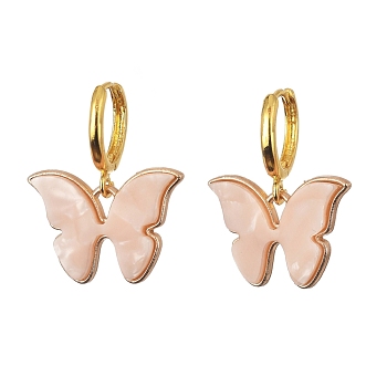 Brass Huggie Hoop Earring, with Butterfly Alloy Cellulose Acetate(Resin) Pendant, PeachPuff, 27mm, Pin: 0.8mm