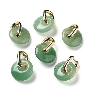 Rack Plating Brass Hoop Earrings, with Natural Green Aventurine, Long-Lasting Plated, Cadmium Free & Lead Free, Donut/Pi Disc, 27mm