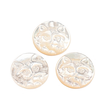 Natural Sea Shell Cabochons, Flat Round with Engraved Tiger, White, 17x17.5x3mm