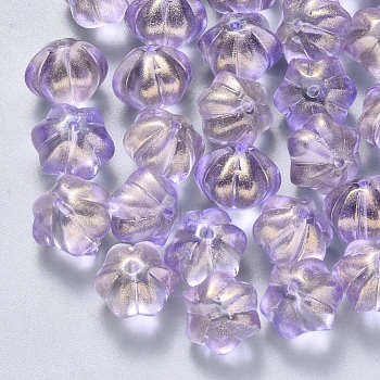 Transparent Spray Painted Glass Beads, with Glitter Powder, Flower, Medium Purple, 10.5x9.5x8mm, Hole: 1mm