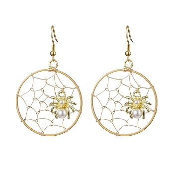 Copper Wire Wrapped Spider Web & Spider Dangle Earrings, 304 Stainless Steel Earrings for Women, Golden, 56x35mm