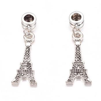 Alloy European Dangle Charms, Eiffel Tower, Antique Silver, 42mm, Hole: 5mm