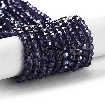 Electroplate Transparent Glass Beads Strands, Faceted, Round, Pearl Luster Plated, Indigo, 4mm, Hole: 0.7mm, about 88~95pcs/strand, 12.99~14.06 inch(33~35.7cm)