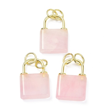 Natural Rose Quartz Pendants, with Golden Brass Findings and Jump Rings, Cadmium Free & Lead Free, Lock, 27x18x5.5mm, Hole: 6mm